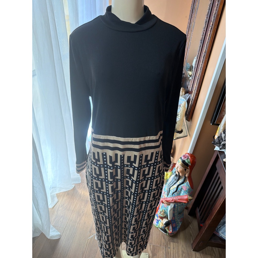 Black Geometric Greek Key Mock Neck Ribbed Long Sleeve Midi Bodycon Dress 1XL